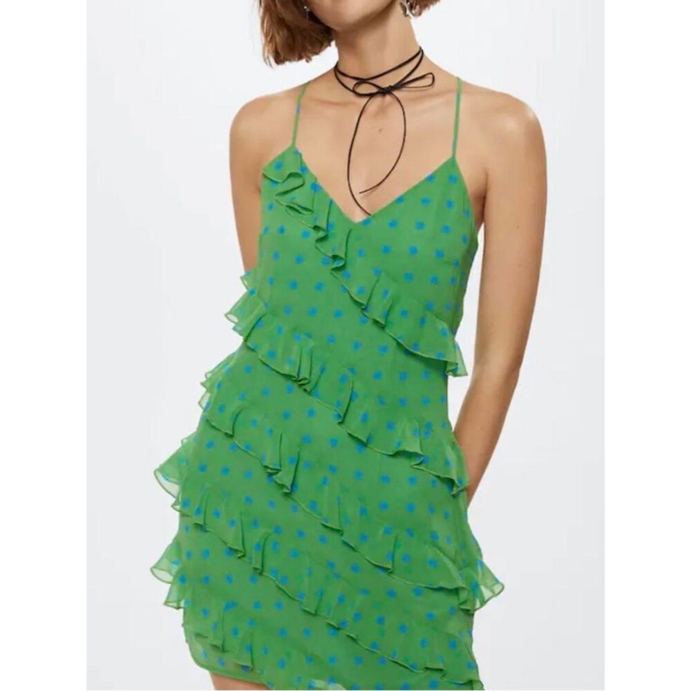 Mng mango Green blue Polka Dot Ruffle Mini Dress NWT SIZE XXS limited edition